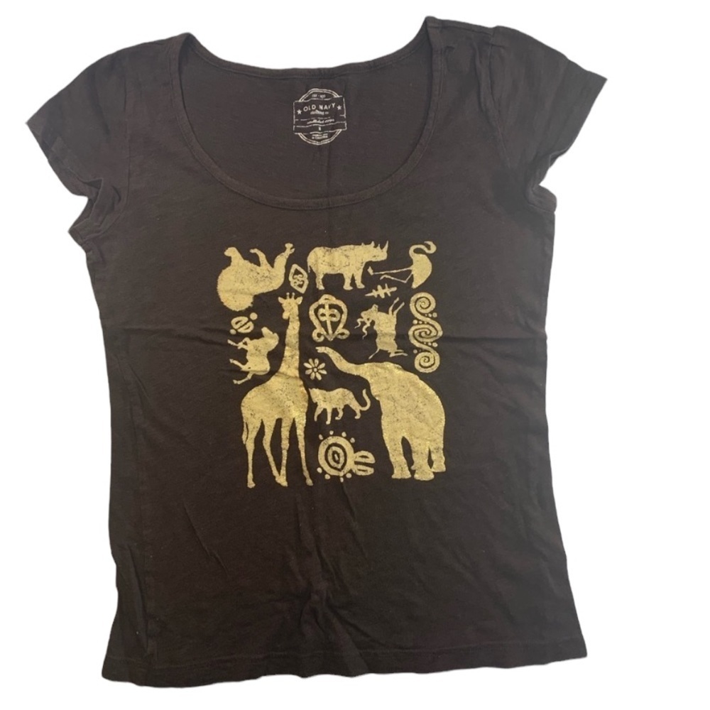 Old Navy | Brown Tee Gold Animal Print Medium Top